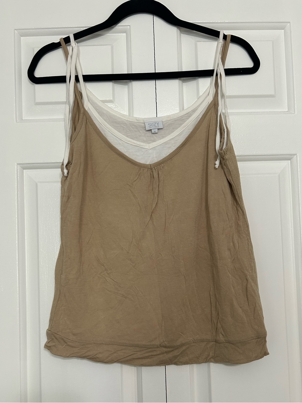 Y2K Suzy Shier Tan and White Double-Layer Spaghetti Strap Tank Top